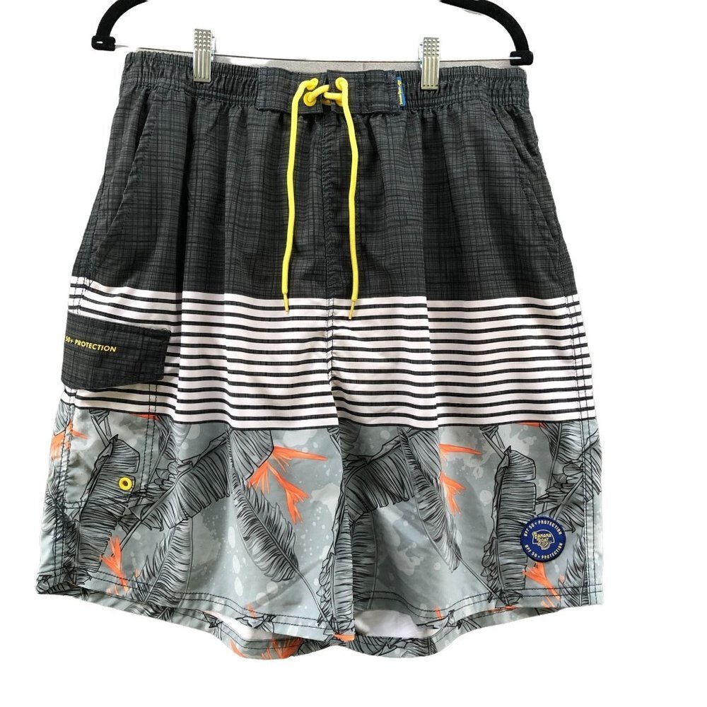 Banana Boat Swim Trunks Mens 2XL UPF 50 Gray Palm Print Tropical Hawaiian